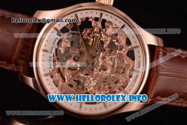 Patek Philippe Complicated Skeleton Asia Automatic Rose Gold Case with Skeleton Dial and Brown Leather Strap (GF) - Click Image to Close